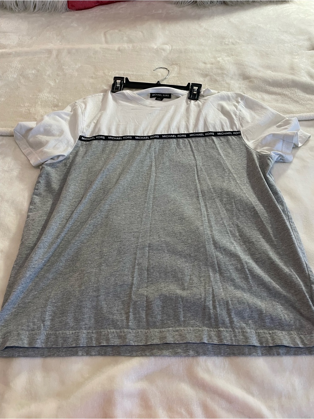Michael Kors White and Gray Logo-Trim Short Sleeve Tee